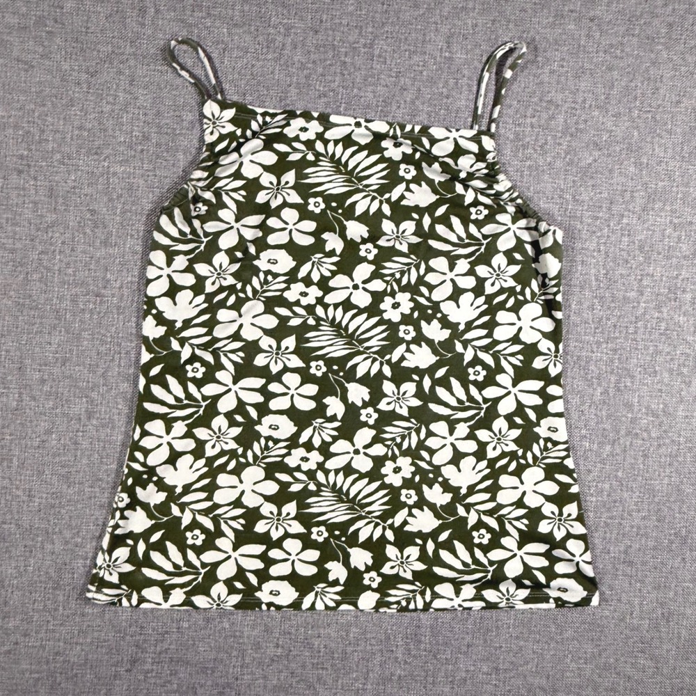 Hawaiian Floral Cami Women Large Olive Green White Boho Cottagecore Fairy Tank